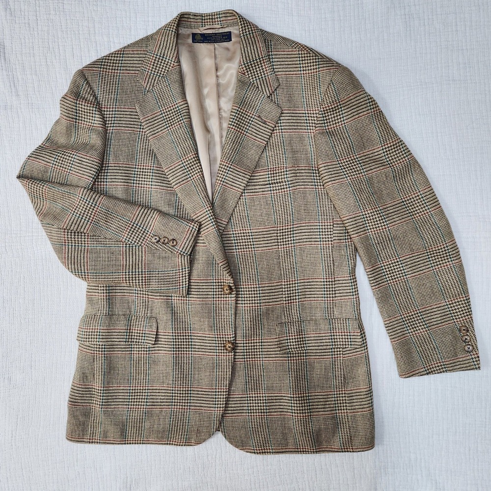 Vintage Brooks Brothers Tan Glen Plaid Wool 2-Button Sport Coat, Mens 44 Reg